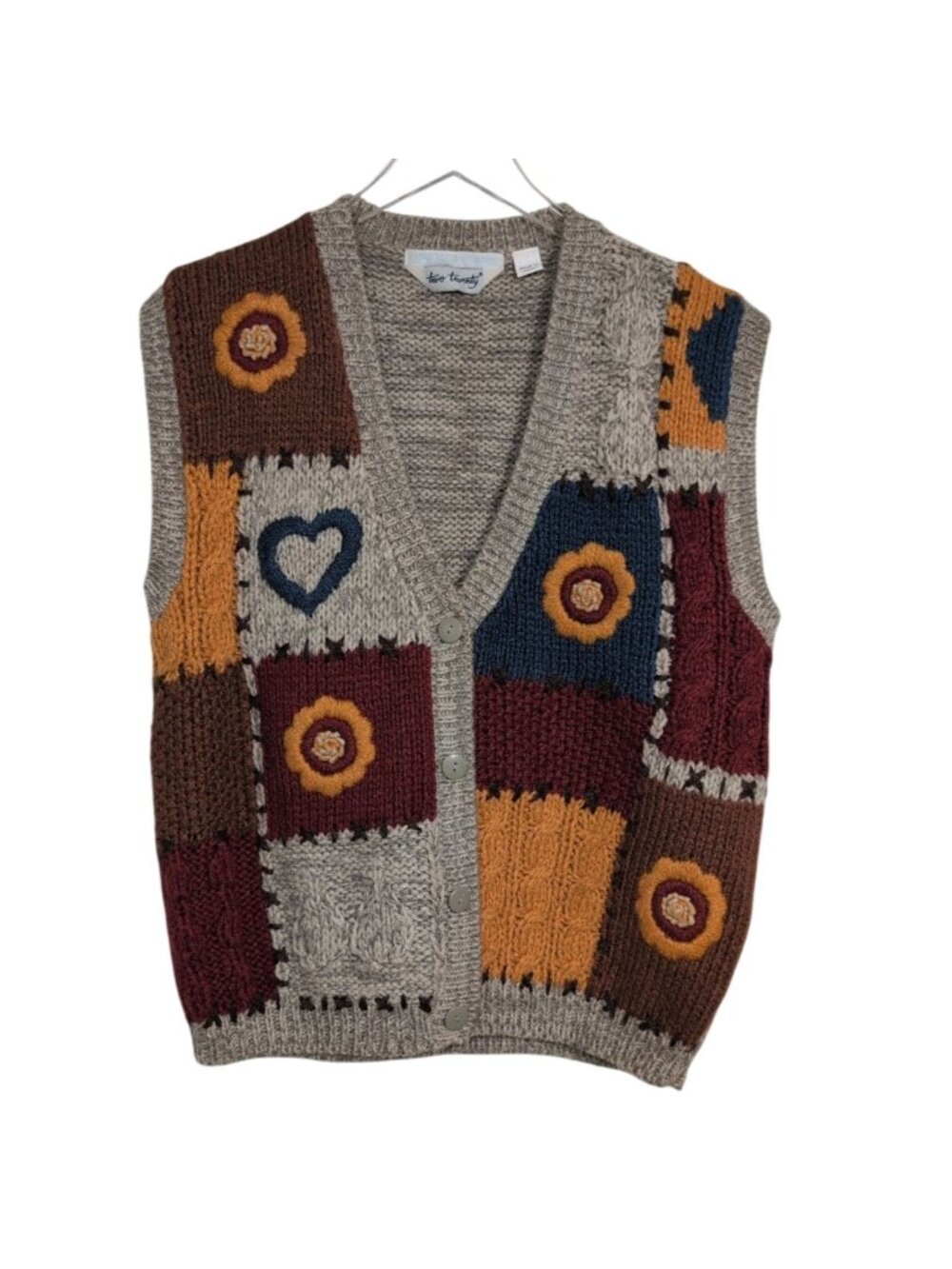 Vintage 90s Hand Knit Patchwork Sweater Vest Womens Size Small Floral Cottage
